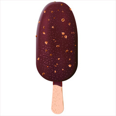 Brown chocolate ice cream popsicle with peanuts isolated on white background. Realistic 3D Vector Illustration.