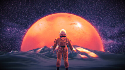 Astronaut vor leuchtendem Planet   Science Fiction / Retrowave / Synthwave   3D Render Illustration mit Leuchteffekten © Jacqueline Weber