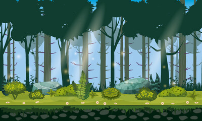 Forest landscape horizontal seamless background for games apps, design. Nature woods, trees, bushes, flora, vector