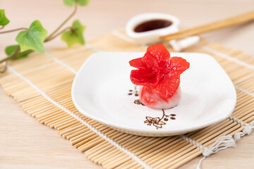 Chinese red color flower dumpling or dim sum