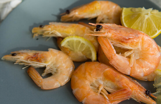 Big boiled shrimps with lemon, isolated