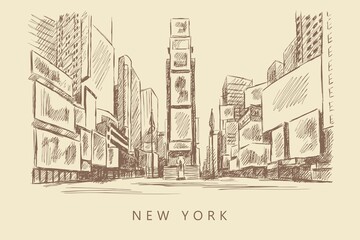Sketch of a street with advertising spaces, New York, Times Square, hand-drawn.
