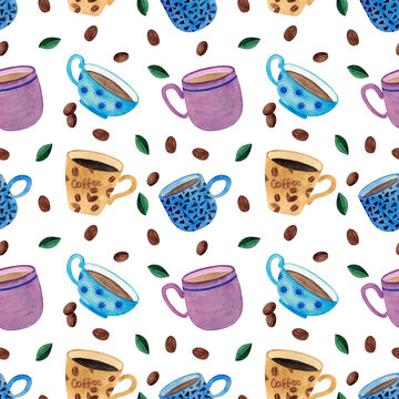 Cute seamless pattern made of hand drawn tea cups or coffee mugs.  Sketch wrapping paper, textile, wallpaper for the coffee shop blog. Watercolor illustration.Cute kitchen symbol, cafe, tea time