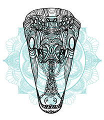 Crocodile. Stylish multi-colored freehand drawing. Antistress coloring page. Mandala and patterns. Ethnic print. - 430265979