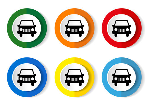 Car icon, set of circle buttons in 6 colors options for webdesign and mobile applications
