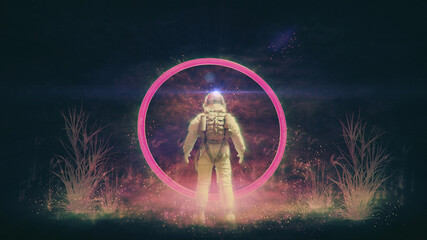 SPACE TRAVELER - ASTRONAUT   Neon Glowing Synthwave / Retro Banner [3D Render Illustration] + Sternenhimmel-Hintergrund - 8K © Jacqueline Weber