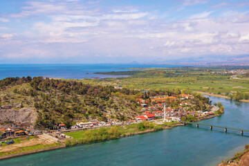 Fototapeta premium Albania, Shkoder city. View of Lake Skadar and Bojana river from wall of fortress Castle of Rozafa