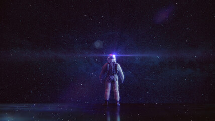 Fototapeta na wymiar ASTRONAUT | Synthwave / Retrowave / Scifi Banner [3D Render Illustration] + Sternenhimmel-Hintergrund