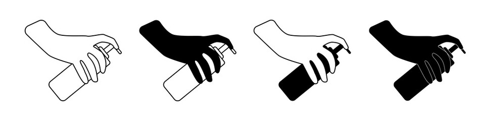 Thin line icon. Icons set of a hand holding a bottle with an antiseptic or liquid soap.Vector illustration