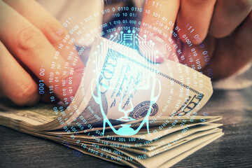 Multi exposure of brain drawing hologram and us dollars bills and man hands. Ai invest concept