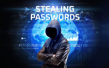Faceless hacker at work, security concept