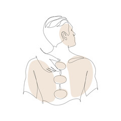 Hot stone massage for a man. Relaxation. Drawn with one line. View from above.