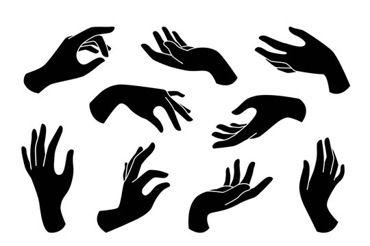 Hand drawn boho set of elegant female hands icons in silhouette isolated on white background. Collection of different hand gestures. Vector flat illustration. Design for cosmetics, jewelry,  manicure
