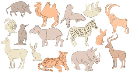 A set of cute jungle and African animals. Collection of exotic tropical birds, tiger, giraffe, rhino Children's characters. Flat vector illustration