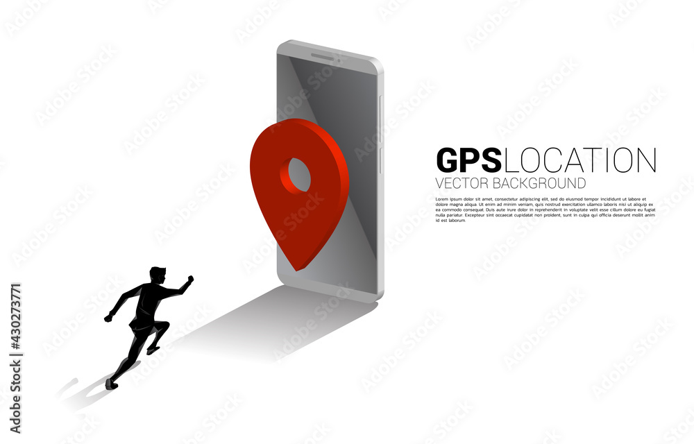 Poster silhouette of businessman running to 3d gps pin marker and mobile phone. concept of location and fac