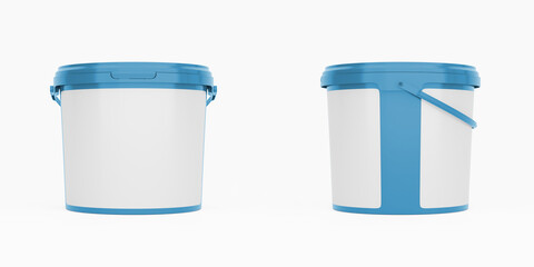 Blue 5l plastic paint can / bucket / container with handle and blank label, isolated on white background.