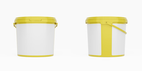 Yellow 5l plastic paint can / bucket / container with handle and blank label, isolated on white background.