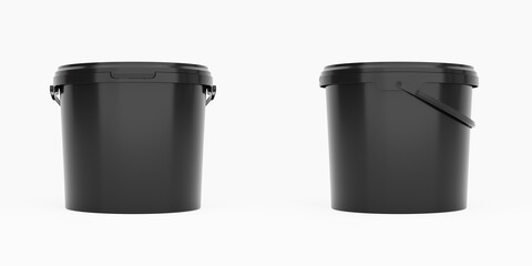 Black 5l plastic paint can / bucket / container with handle and no label, isolated on white background. - obrazy, fototapety, plakaty