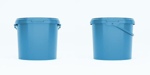 Blue 5l plastic paint can / bucket / container with handle and no label, isolated on white background. © Adam V
