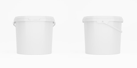 White 5l plastic paint can / bucket / container with handle and no label, isolated on white background.