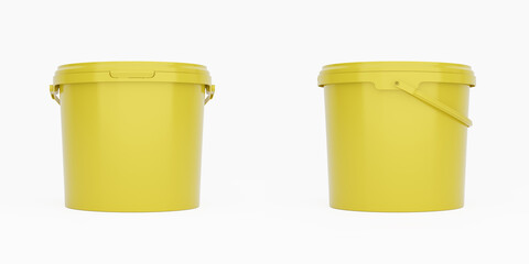 Yellow 5l plastic paint can / bucket / container with handle and no label, isolated on white background. © Adam V