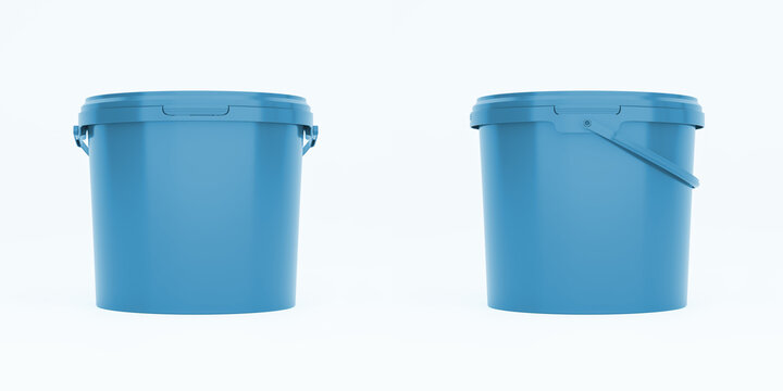Blue 5l plastic paint can / bucket / container with handle and no label, isolated on white background.