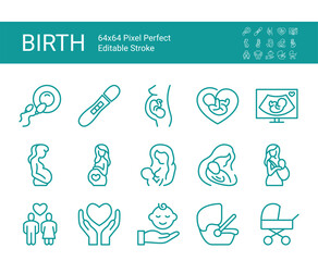 Set of line icons of pregnancy and birth. Editable vector stroke. 64x64 Pixel Perfect.