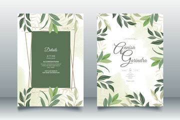  Wedding invitation card template set with beautiful leaves Premium Vector