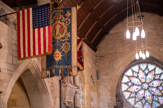 US WW2 battle flag in St Mary's Minster Cheltenham UK
