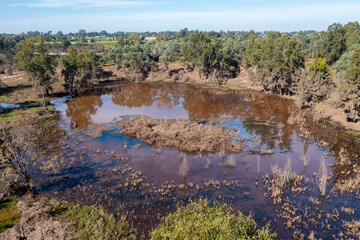 Drone aerial photograph of a polluted lake in Yarramundi Reserve in regional Australia