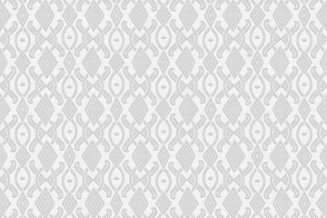 Fototapeta premium 3d volumetric convex geometric white background. Ethnic embossed figured oriental islamic pattern. Design for presentations, websites, textiles, coloring.