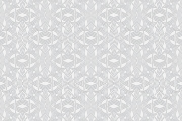 3d volumetric convex geometric trendy white background. Embossed oriental islamic pattern with traditional ethnic elements, shapes and lines. Design for presentations, websites, textiles.