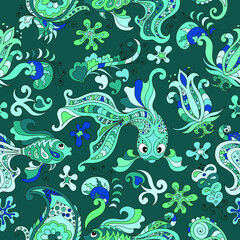 Fototapeta na wymiar seamless pattern with fishes, flowers, cucumbers and decorative elements on a dark turquoise background