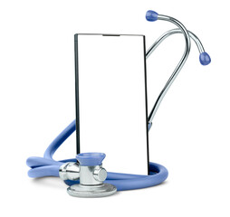smartphone and stethoscope on isolated white background