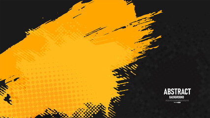 Black and yellow abstract background with brushstroke and halftone style.	
