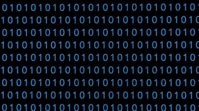 Technological background. Representation of binary code. Blue binary digits 1 and 0 in 3D space. Camera zooming out. Technology concept. Binary code footage. With Alpha channel.