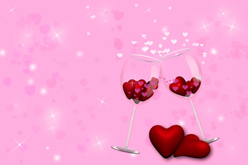Fototapeta na wymiar Two glasses with hearts on a pink background.