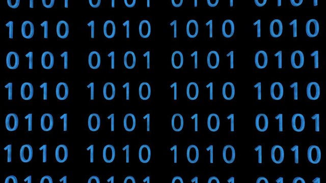 Technological background. Representation of binary code. Blue binary digits 1 and 0 in 3D space. Camera zooming out. Technology concept. Binary code footage. With Alpha channel.