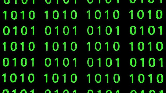 Technological background. Representation of binary code. Green binary digits 1 and 0 in 3D space. Camera in rotation. Technology concept. Binary code footage. With Alpha channel.