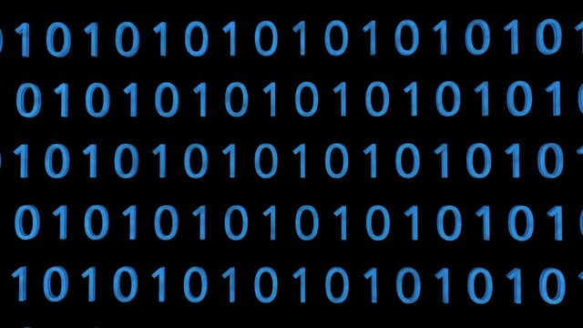 Technological background. Representation of binary code. Blue binary digits 1 and 0 in 3D space. Camera zooming out. Technology concept. Binary code footage. With Alpha channel.