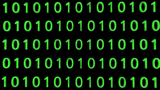 Technological background. Representation of binary code. Green binary digits 1 and 0 in 3D space. Camera in rotation. Technology concept. Binary code footage. With Alpha channel.