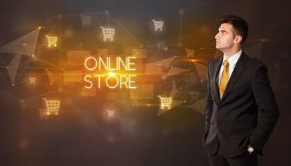 Businessman thinking about shopping concept