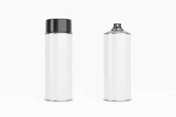 Spray paint can with black cap and white label. Isolated on white background for mock-up, branding.
