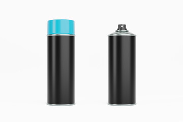Spray paint can with blue cap and black label. Isolated on white background for mock-up, branding.