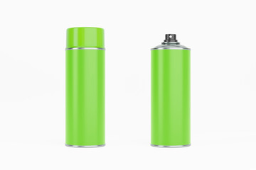 Spray paint can with green cap and green label. Isolated on white background for mock-up, branding.