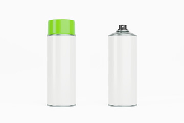 Spray paint can with green cap and white label. Isolated on white background for mock-up, branding.