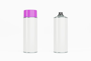 Spray paint can with magenta cap and white label. Isolated on white background for mock-up, branding.