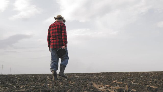 Senior male farmer walks through a field with plowed land in his rubber boots. A worker go down a heap of earth. Concept of agricultural business. A mature farmer looks at a plowed field.