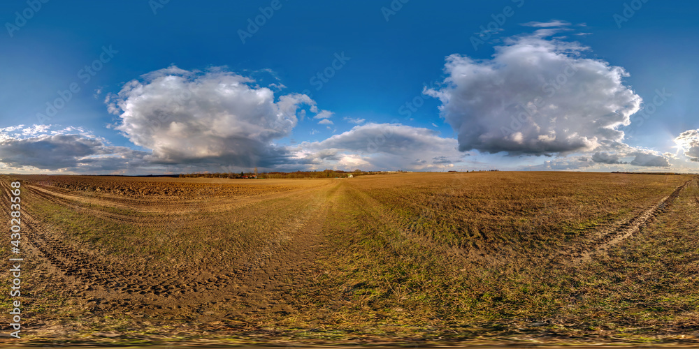 Wall mural full spherical hdri panorama 360 degrees angle view on among farming fields in autumn evening with a