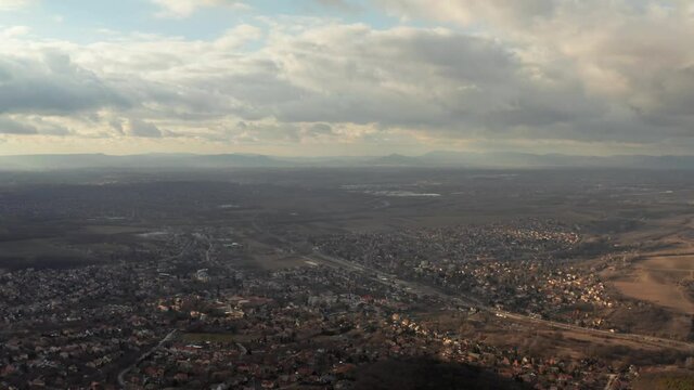 Aerial drone landscape in dull pale autumn, Pecel, Hungarian settlement